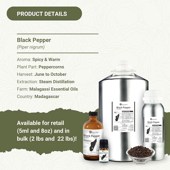 Black Pepper Essential Oil - Direct from Madagascar Farms - Steam Distilled - Aceite Pimienta Negra for Aromatherapy, Massage, Diffuser, DIY Candle and Soap Making - 5ml