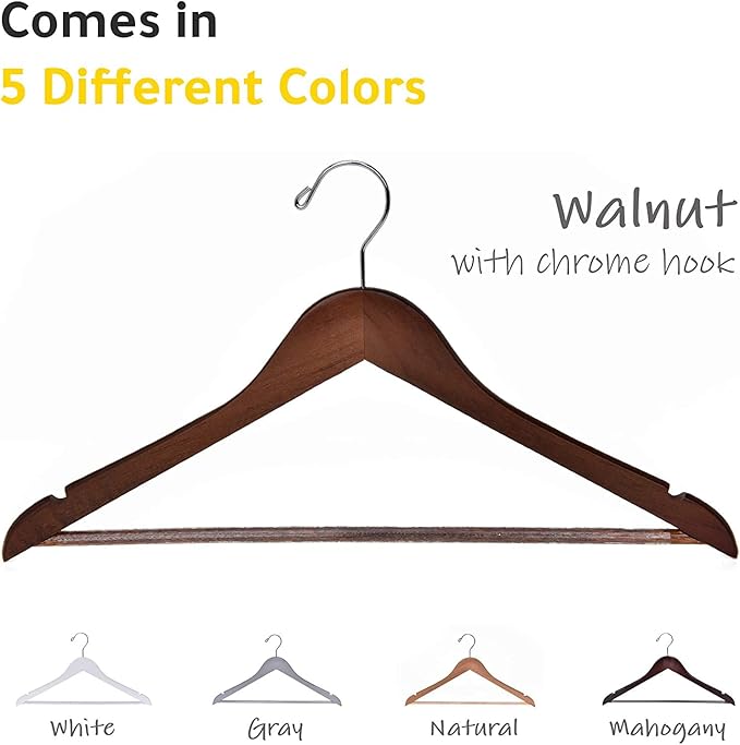 Quality Wooden Hangers - Slightly Curved, Solid Walnut Coat Hangers with Chrome Hooks - Heavy-Duty, 90 Pack Sets for Clothes, Jackets, Shirts, Pants, Suits
