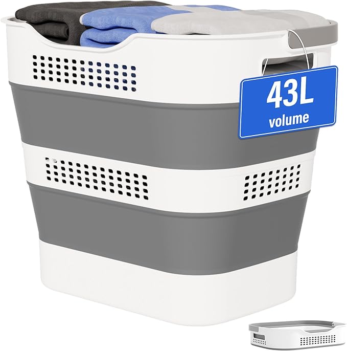 OOAMBB 43L(11.5Gallon) Collapsible Laundry Basket with Handles, Foldable Laundry Basket Plastc,Pop Up Tall Storage Container/Organizer/Clothes Hamper for Laundry (Grey,1 Pack)