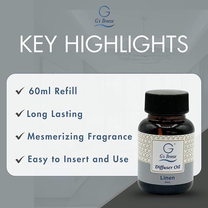 G's Breeze Linen Diffuser Oil – 60ml Soft & Soothing Linen Scent, Long-Lasting Aroma for Nurseries, Bedrooms, & Living Rooms, Easy Refill for Fragrance Oil Diffuser