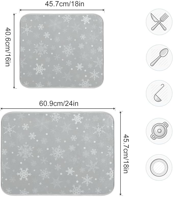 Christmas Gray Snowflake Dish Drying Mat for Kitchen Winter Snow Xmas Grey Microfiber Drying Mats Absorbent Reversible Dish Pad Medium Dish Draining Mat 16x18 inch
