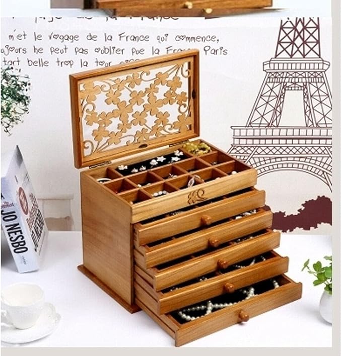 6-layer Jewelry Box Organizer, Lucky Four Leaf Clover Rustic Wooden Jewelry Boxes & Organizers,Jewelry Storage for Rings Earrings Necklaces Bracelets Christmas New Year Gift