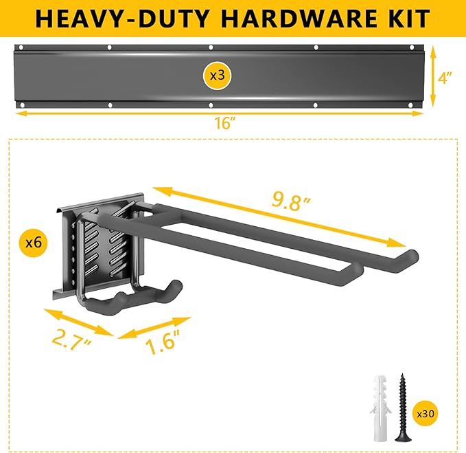 Tebgeag Garage Tool Organizer Wall Mount, 48inch Heavy-Duty Garage Storage System and Garden Tool Organizer with 6 Adjustable Double Hooks for Shovel, Snowboard, Yard Tools and Shed