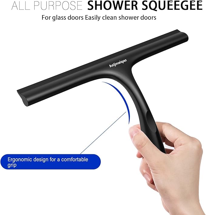 Anjinwiper Shower Squeegee for Glass Doors with Adhesive Hook, Window Squeegee for Shower Glass, Cleaning Tile Wall, Bathroom Cleaner Tool Household Silicone Squeegee(10 inch-Black)