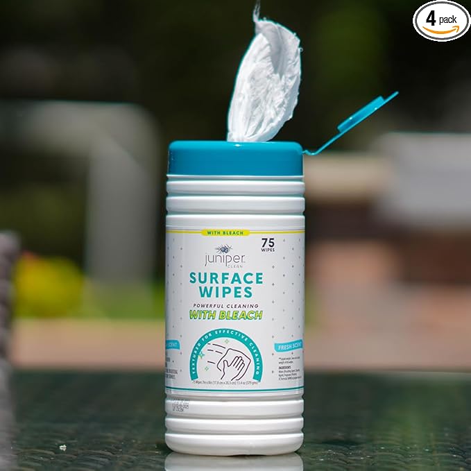 Juniper CLEAN 4 Pack Surface Cleaning Wipes with Bleach, All-Purpose Cleaner for Bathroom, Kitchen, Office, 300 Count Canister, 7.5" x 7" Sheet, Fresh Scent, Lint Free & Durable
