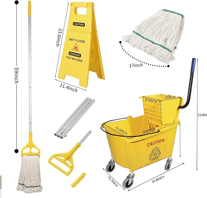 Midoneat Side Press Wringer Combo Commercial Mop Bucket on Wheels, 35 Quart,Yellow, Including Wet Floor Caution Sign（24Inch） and One Industrail Mop
