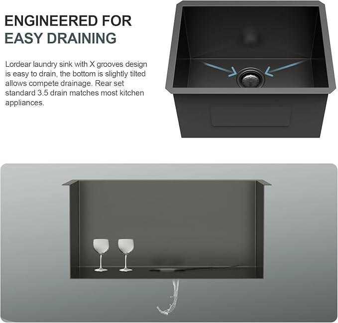 Lordear 23 Black Laundry Sink Stainless Steel - 23" x 18" x 12" Undermount Sink Single Bowl 16 Gauge Stainless Steel Deep Laundry Room Utility Sinks Handmade Under Counter Kitchen Basin,Gunmetal Black