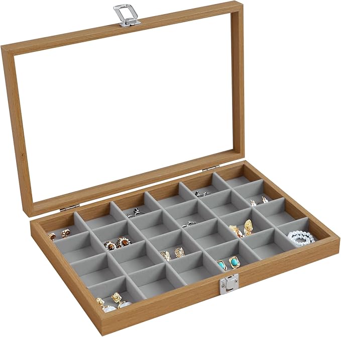 Wudygirl Jewelry Organizer Wood Jewelry Box Earring Holder Organizer Wooden Jewelry Tray with Clear Lid Vintage Jewelry Bracelet Display Ring Holder Adjustable Dividers (Gray 24 Grid)
