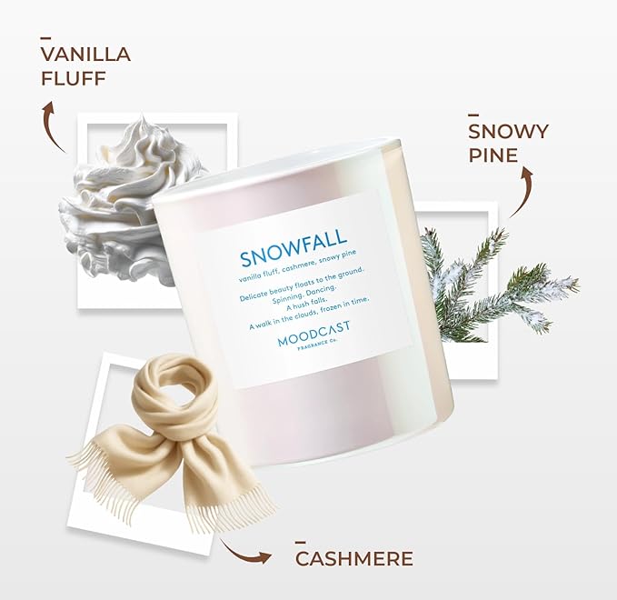 Moodcast Snowfall Scented Winter Candle - Aesthetic Holiday Candle for Home, Vanilla Fluff, Cashmere & Snowy Pine, Clean Coco Wax Blend, Vegan, Paraben Free, 50-Hour Burn, Christmas Decor - 8oz