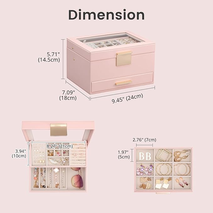 Lolalet Jewelry Box, Clear Window Jewelry Organizer with Drawer for Earrings Bracelets Necklaces Rings, Jewelry Storage for Women -Pink, 3 Layers