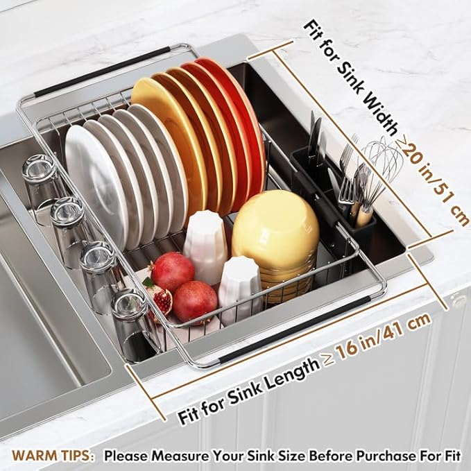 romision in Sink Dish Drying Rack, Stainless Steel Dish Drainers for Kitchen Sink, Use for Countertops & in Sinks & Over Sink, Compact Dish Dryer Racks with Utensil & Cup Holder, Sliver