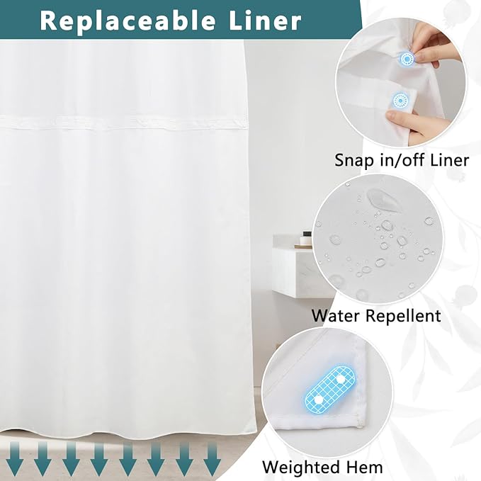 TQUQOBU No Hook Grey Leaves Shower Curtain and Liner Set, Modern Botanical Aesthetic Hotel Style Waterproof Fabric Shower Curtain with See Through Top Window, Machine Washable, 71x74 Inch