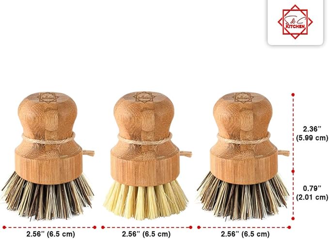 Bamboo Scrub Brush - S&C Kitchen, Cleans Pan/Vegetable/Dishes/Wok, Scrub Brush Dishes for Kitchen/Bathroom, Made Out of Palm & Sisal Bristles with a Handle, Vegetable Brush for Cleaning, Set of 3