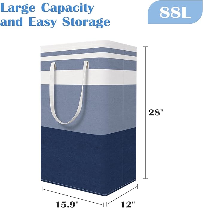 BlissTotes 3-Pack Laundry Basket, Freestanding＆Waterproof Laundry Hamper, Collapsible Tall Clothes Hamper with Easy Carry Handles for Clothes, Towels in the Family and Dorm,Gradient Blue,88L