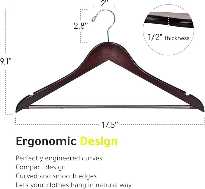 Quality Wooden Hangers - Slightly Curved, Solid Walnut Coat Hangers with Chrome Hooks - Heavy-Duty, 90 Pack Sets for Clothes, Jackets, Shirts, Pants, Suits
