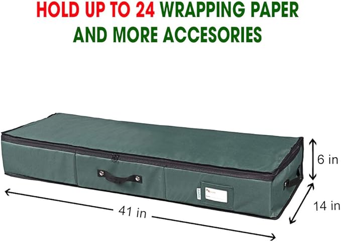Primode Wrapping Paper Storage Container | Gift Wrap Organizer Under Bed | 41”x14”x6” | Box Holder for 18-24 Rolls Up to 40” | 600D Oxford Material | Pockets for Ribbon, Bows, and Accessories (Green)