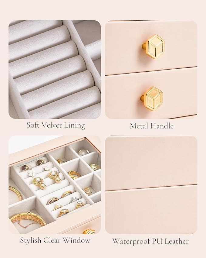 CASEGRACE Jewelry Box for Women with Glass Lid - Leather Jewelry Storage Organizer 3 Drawers for Necklaces, Rings, Earrings & Bracelets, Ideal Gift (Pink, 3 Layer)