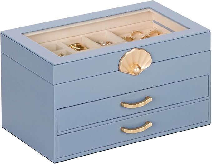 Jewelry Box with 2 Drawers: Jewelry Display Organizer for Earrings Necklaces - Gifts for Girls Women (Grey Blue)