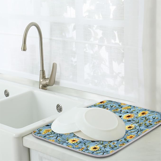 Hexteria Sunflower Large Dish Drying Mats for Kitchen Counter, Quick Dry Dish Mat 18 x 24 Inches, Dishes Draining Mats Foldable Dish Rack Pad, Sunflower