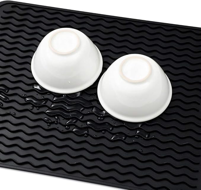 MicoYang Silicone Dish Drying Mat for Multiple Usage,Easy clean,Eco-friendly,Heat-resistant Silicone Mat for Kitchen Counter or Sink,Refrigerator or drawer liner Black L 16 inches x 12 inches
