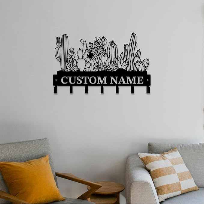 Personalized Custom Name Cactus Wall Keys Hooks,Metal Cactus Art Clothes Hooks,Metal Cactus Lover Wall Home Storage Decorative,For Front Door, Hallway, Kitchen, Bedroom,Keys,Hats (Style D)