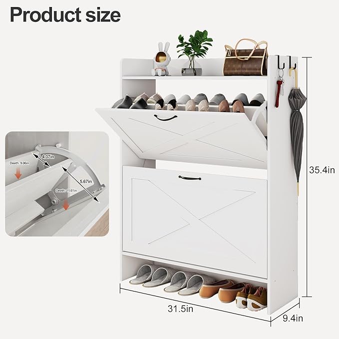 Shoe Cabinet with 2 Flip Drawers & Adjustable Shelf,Wood Shoe Organizer,Freestanding Hidden Shoe Storage Cabinet for Entryway,Hallway (White)
