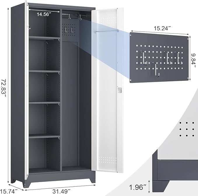 73" H Broom Closet Storage Cabinet, Metal Storage Cabinet with Adjust Shelves,Utility Cabinet,Utility Closet for Garage,Gray-White