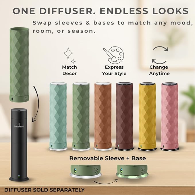 Waterless Essential Oil Hotel Scent Diffuser - Cold Air Diffuser - Covers 1000 sq. ft. - Waterless Diffuser for Home, Office & Hotel (Black + Interchangeable Sleeve) (Black + Matte Pink Sleeve)