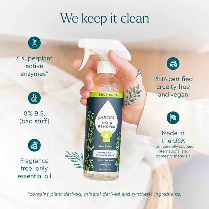 Puracy Stain Remover, Travel and Laundry Stain Cleaner for Clothes, Baby Essentials, Kids Stains, Oil and Fabric Spot Cleaner, Unscented (Stain Remover Spray, 12 fl oz)