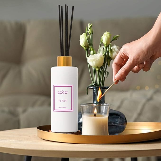COCO by Stone 5oz Reed Diffuser (Tiare) – Luxury Scented Oil Diffuser for Home Aromatherapy, Long-Lasting Vegan Fragrance, Elegant Home Décor and Air Freshener