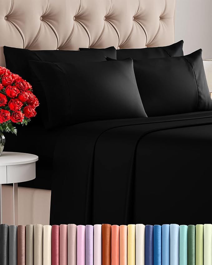 Cal King 6 Piece Sheet Set - Comfy Breathable & Cooling - Ultra-Soft Hotel Luxury Bedding Set with 8-16 Inch Deep Pockets - 1 Flat & 1 Fitted Sheet & 4 Pillowcases - Wrinkle Free & Easy Care - Black