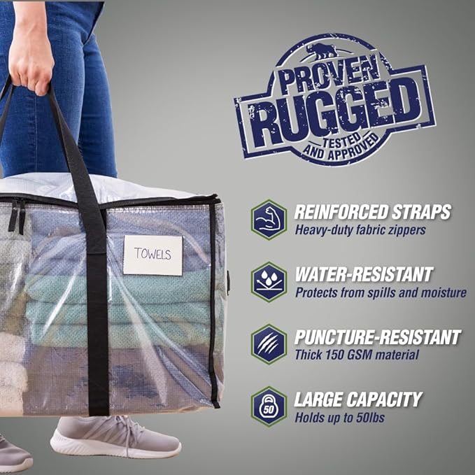 RUGGED RHINO 4 Pack Heavy Duty Extra Large Moving Bags, Durable Bag with Strong Handles and Zipper, Moving Boxes Alternative for College Packing, Holiday Décor, Space Saving Storage with Label, Clear