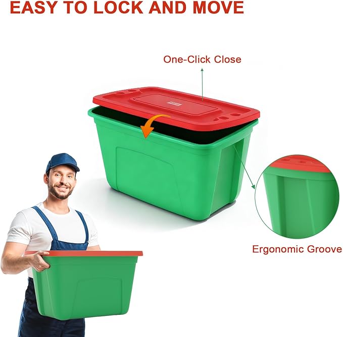 4-Pack Christmas Storage Totes with Lids - Made in USA 18-Gallon(72-Quart)Red Storage Bins,Holiday Organizer,Plastic Stackable Large Storage Boxes for Home,Office,Garage,Basement Red/Green