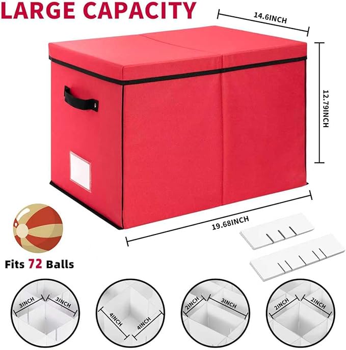 Large Christmas Ornament Storage Box With Adjustable Dividers,Ornament Storage Container with 3 Removable Trays for 72 Holiday Decorations,Red