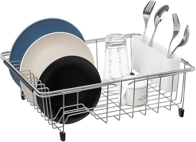 SANNO Large Expandable Dish Drying Rack Sink Dish Rack in Sink or On Counter, Dish Drainer Rustproof Stainless Steel with White Utensil Silverware Storage Holders