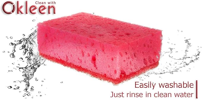Okleen Pink Multi Use Scrub Sponges. Made in Europe. 18 Pack, 4.3x2.8x1.4 inches. Odorless Heavy Duty & Non Scratch Fiber. Durable and Delicate Scrubber for Kitchen & Bathroom, Housekeeping & Outdoors
