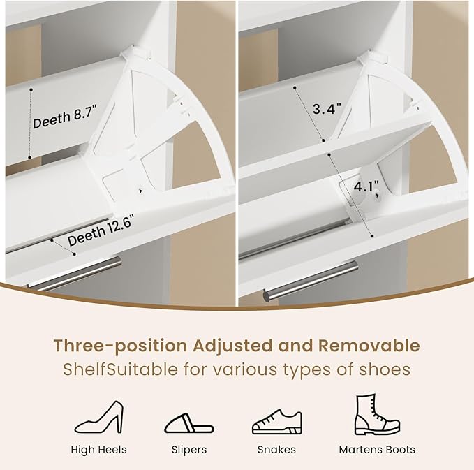 Shoe Cabinet Organizer with 3 Flip Drawers & 3-Tier Adjustable Shelves, Freestanding Shoe Rack Cabinet, Narrow Shoe Storage for Entryway, Foyer, Hallway, White, 23.6" W × 9.4" D × 47.2" H