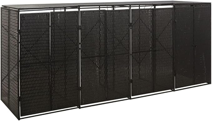 Quadruple Wheelie Bin Shed Garbage Can Storage Shed, PE Trash Container Management Unit, Outdoor Patio Recycling Dustbin Trash Shed, Black 107.9"x31.5"x46.1" Poly Rattan