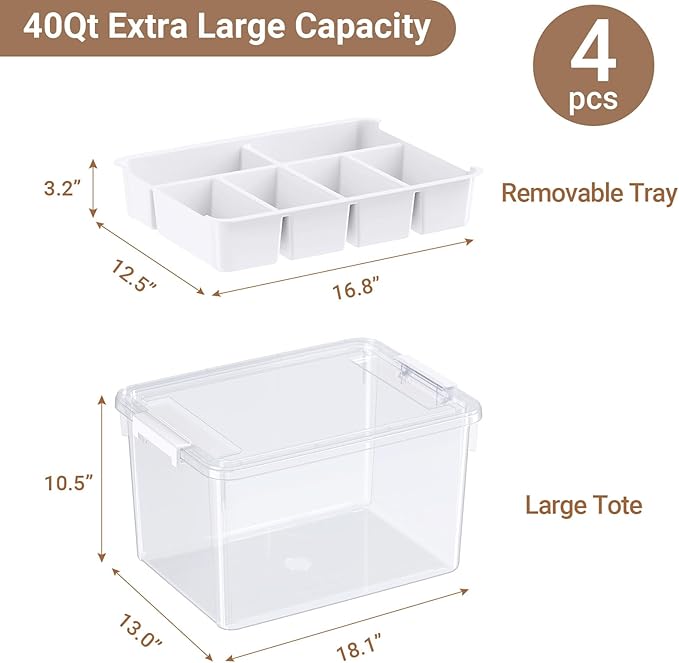 160Qt Plastic Storage Bins with Lids, Clear Latching Organizers Boxes with Removable Trays, Large Portable Storage Containers, for Holiday Ornaments, Home Organization, 4Pack