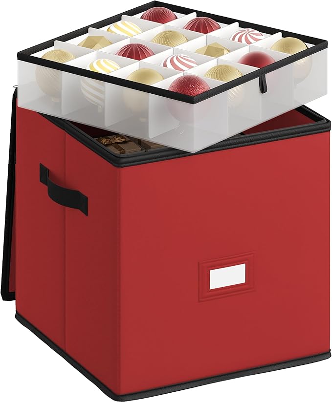 SONGMICS Christmas Ornament Storage Box, Dual Zippers, Stackable Christmas Storage Container with Lid, 4 Trays, 600D Oxford, 3-Inch 64 Slots, Cherry Red URFB034R01