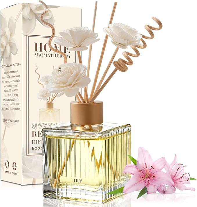 Lily Reed Diffuser Set - 6.7 oz Glass Bottle with 4 Rattan Sticks, 3 Dried Flowers | Adjustable, Long-Lasting Scent for Home, Bedroom, Living Room, Office, Bathroom | Aromatherapy Gift Set