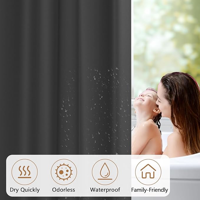 Charcoal Grey Waterproof Fabric Shower Curtain Liner with 3 Large Magnets, Washable Cloth Shower Liner Carbon Grey, 72 x 72 inch Lightweight Bathroom Shower Curtain Dark Gray