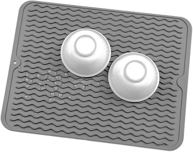 MicoYang Silicone Dish Drying Mat for Multiple Usage,Easy clean,Eco-friendly,Heat-resistant Silicone Mat for Kitchen Counter or Sink,Refrigerator or drawer liner Grey L 16 inches x 12 inches