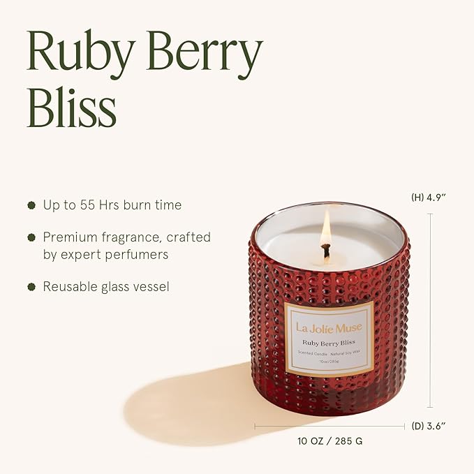 LA JOLIE MUSE Ruby Berry Bliss Scented Candle| Mandarin, Cranberry & Plum | 10 oz Festive Candle | 55 Hours Clean Burn | Valentines Day Gifts for Her | Elegant Home Decor