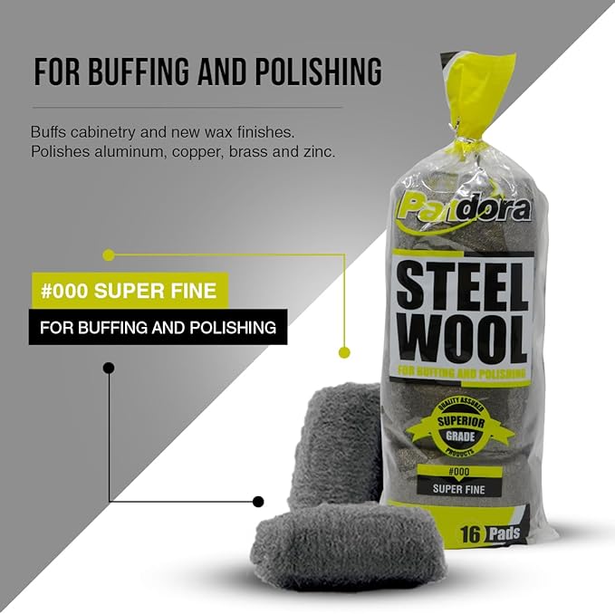 Pandora Steel Wool #000-16 Pads for Buffing and Cleaning - Quality Metal Strands - Ideal for Wax and Polish Removal