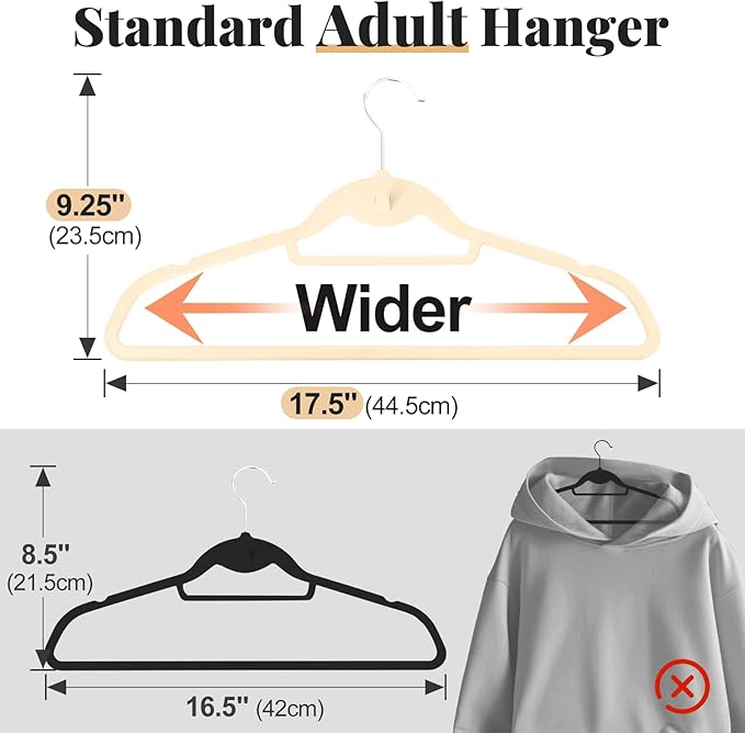UEAKPIC Velvet Felt Stackable Hangers 50 Pack, Non Slip, with 360° Swivel Hook, Ultra Thin and Space Saving for Suits, Shirts, Coats, 15Lbs Capacity Heavy Duty, Ivory