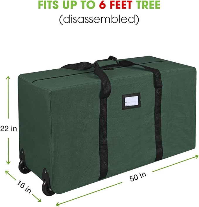 ProPik Rolling Christmas Tree Storage Bag, Fits Up to 7.5 Ft. Tall Disassembled Holiday Tree, 22" x 16" x 50", Large Heavy Duty Xmas Storage Container with 2 Wheels & Handles, 600D Oxford (Green)