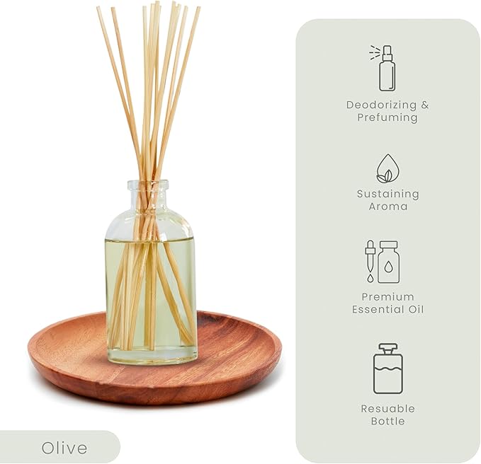 Hillhouse Naturals Reed Diffuser Set - Olive Scent Diffuser - Reed Diffusers for Home with Long Lasting Fragrance – 6 oz Oil – Diffuse Time 4-6 Months – Made in The USA
