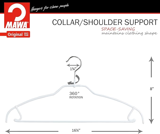 Mawa by Reston Lloyd Silhouette Ultra-Thin Series, Non-Slip Space Saving Shirt Hanger with Pant Bar & Skirt Hooks, Style 42/FTU, Pack of 130, White
