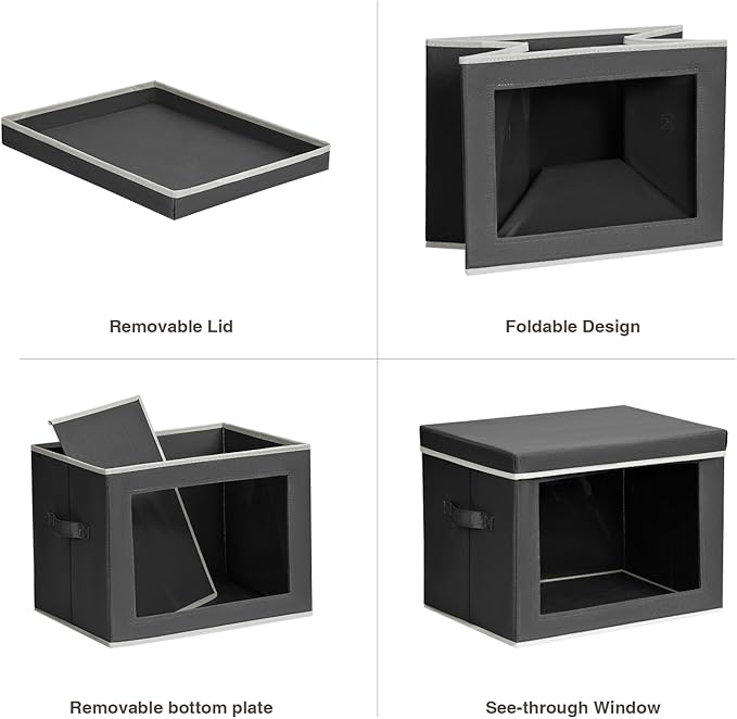 Stackable Storage Bins with Lids - Large Storage Box with Lids, Foldable Closet Boxes for Organizing, Wardrobe Clothes Organizer with Window, Cubes Bins for Living Room, 6 Pack, Dark Grey